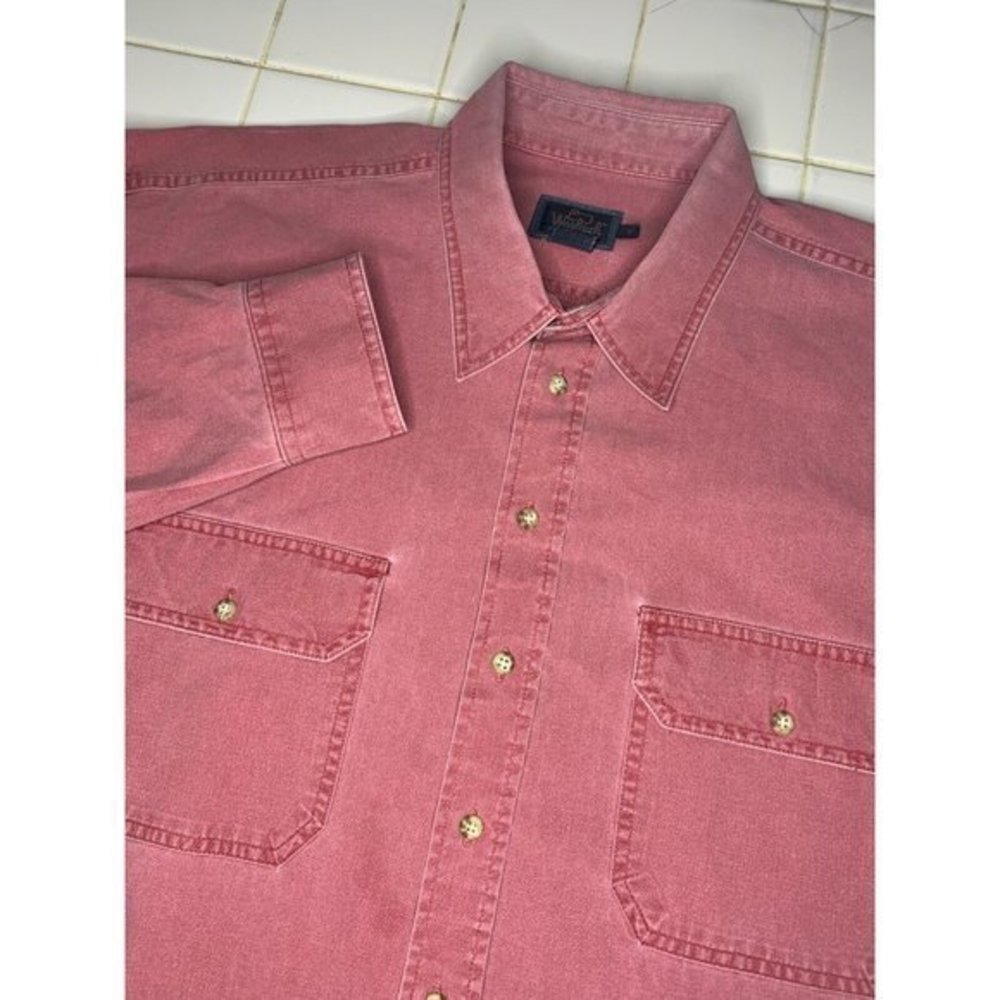 Woolrich Vintage Chamois Denim Button Up Long Sleeve Shirt Mens XL‎ Red Pockets